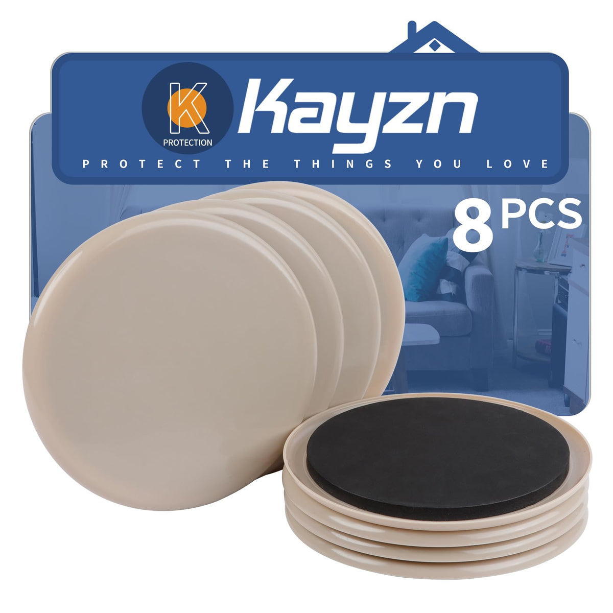 Kayzn furniture sliders for carpet, 7-inch round 8-pack packaging showing protection and glide