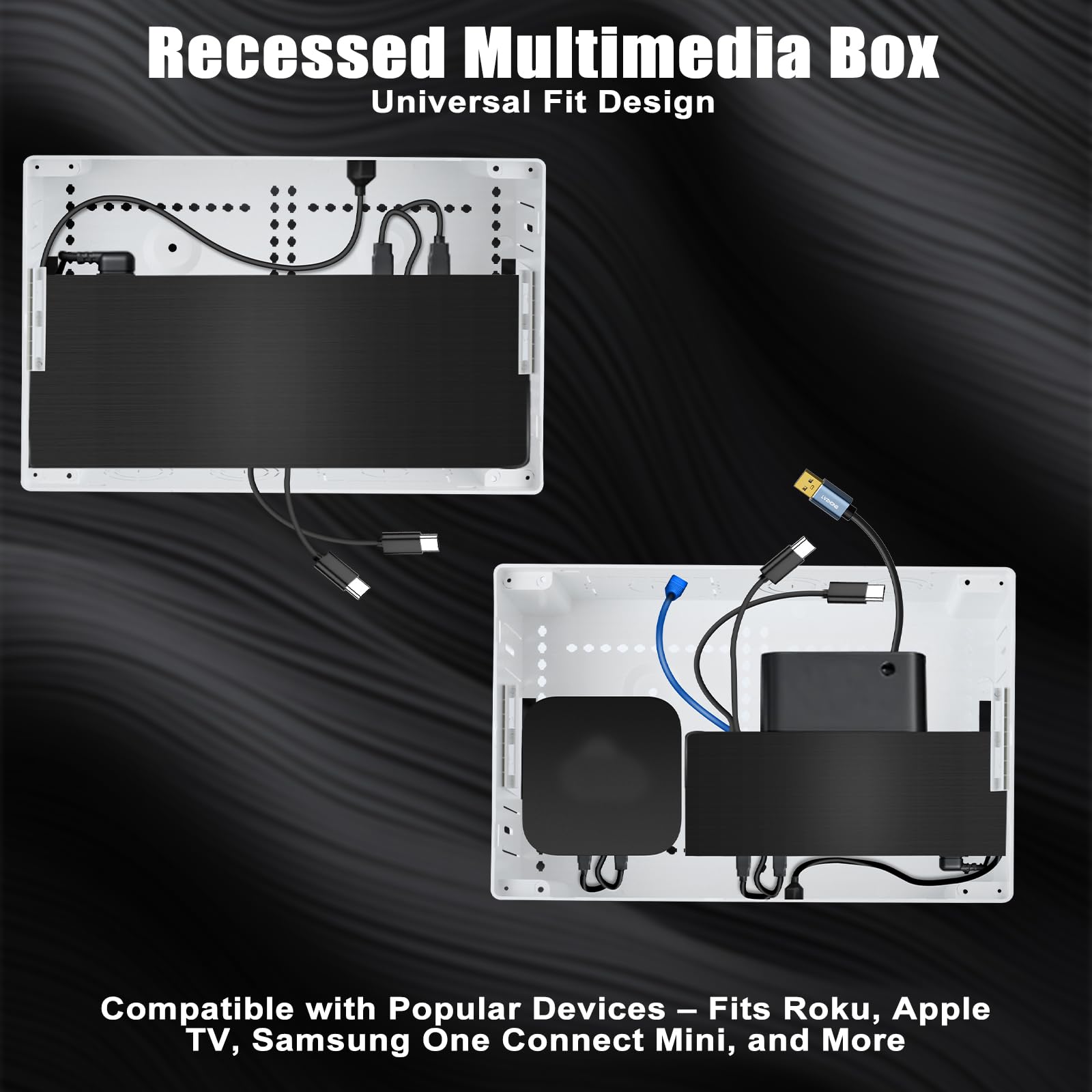 Kbiykuy 9 inch in-wall TV media box cover open for easy access