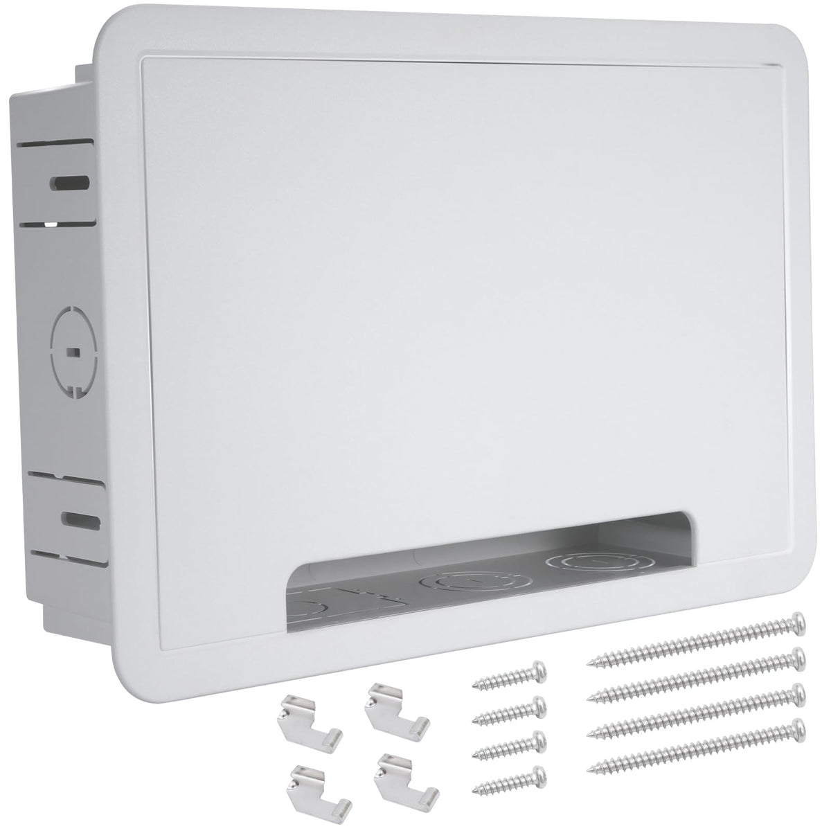 Kbiykuy 9 inch in-wall TV media box front view showing hidden devices for a tidy living room
