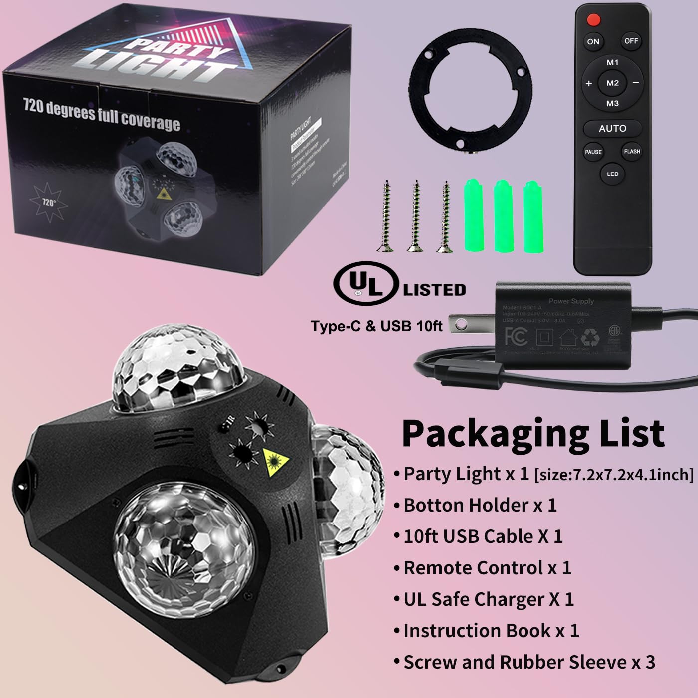 KBJ Disco Ball Party Lights mode options: Auto, M1–M3, Flash