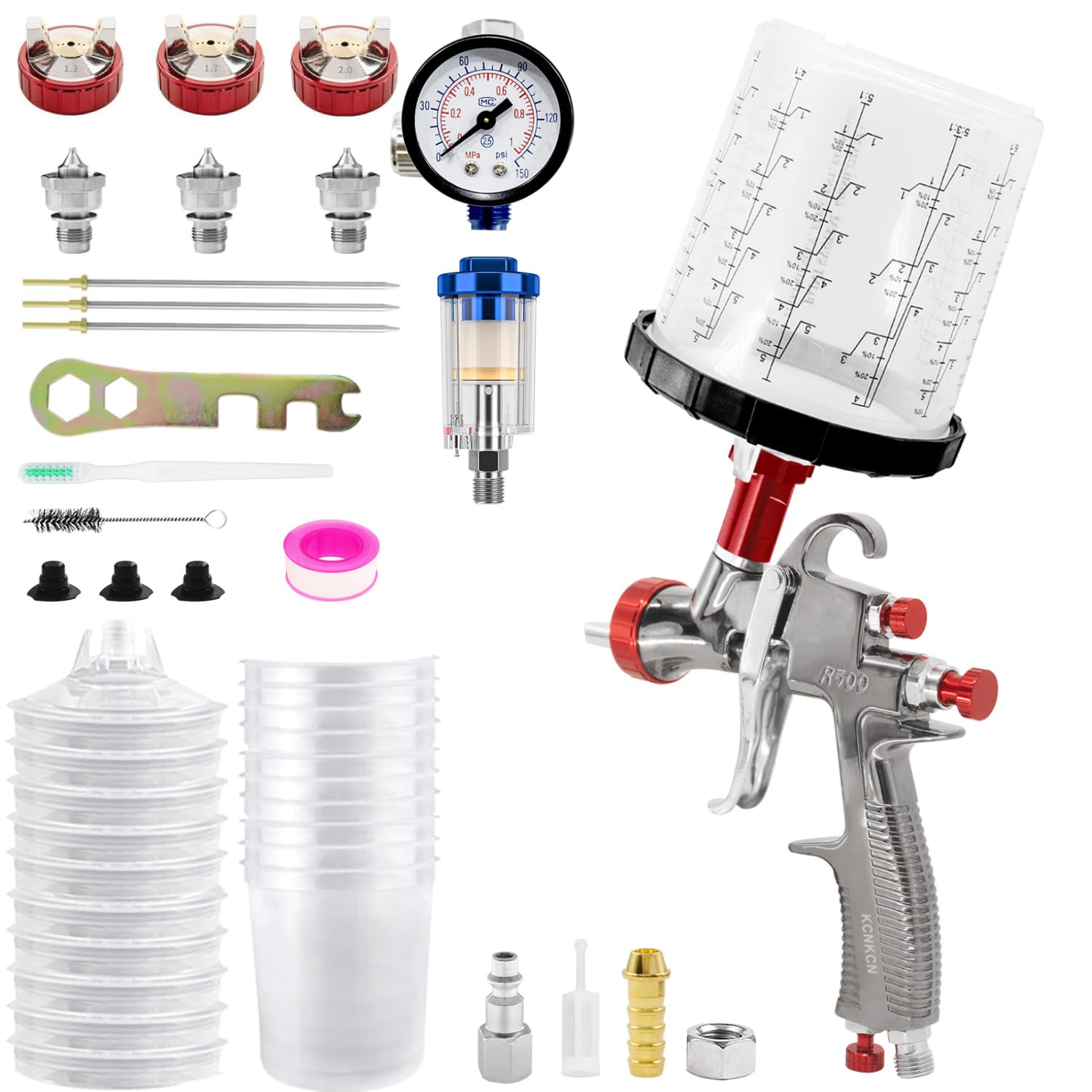 KCNKCN R500 LVLP spray gun front view, compact design for precision and smooth finish
