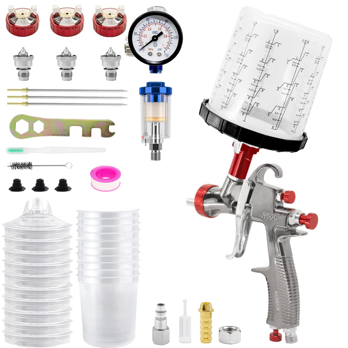 KCNKCN R500 LVLP spray gun front view, compact design for precision and smooth finish