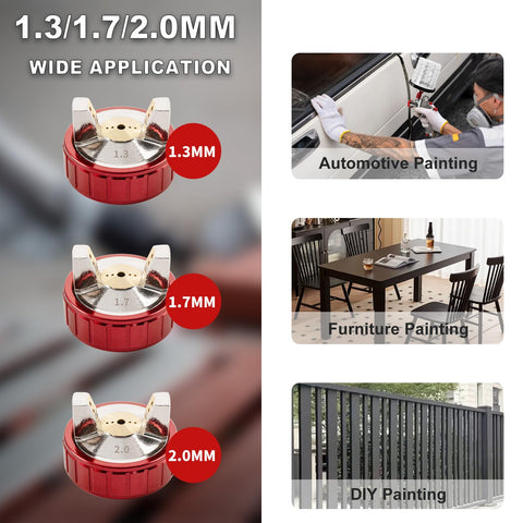 KCNKCN R500 LVLP spray gun nozzles assembly showing 1.3/1.7/2.0mm options