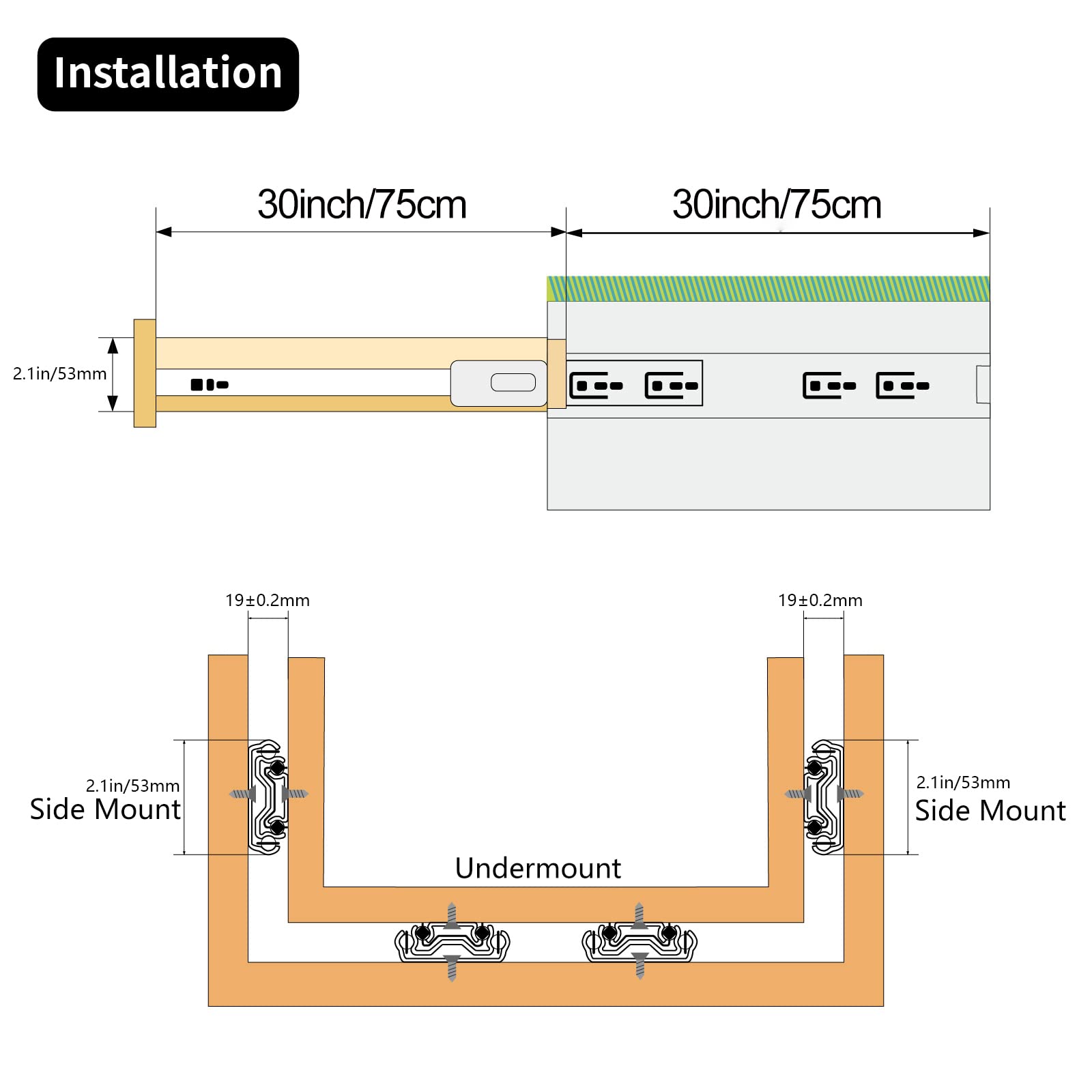 Side mount or undermount mounting options shown for KCOLVSION slides