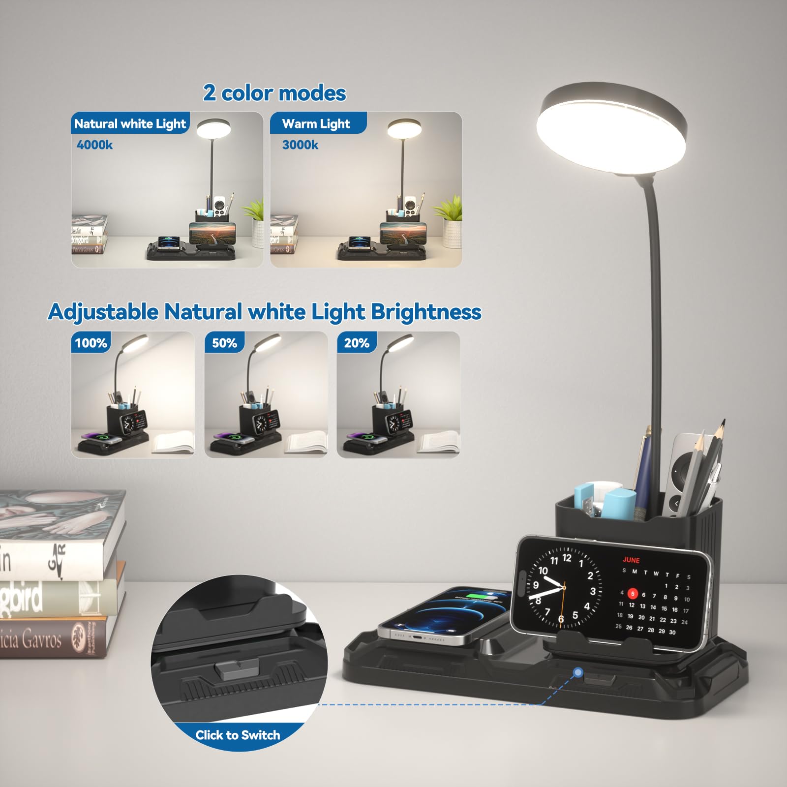 KDD desk lamp with pen holder keeps writing tools ready.