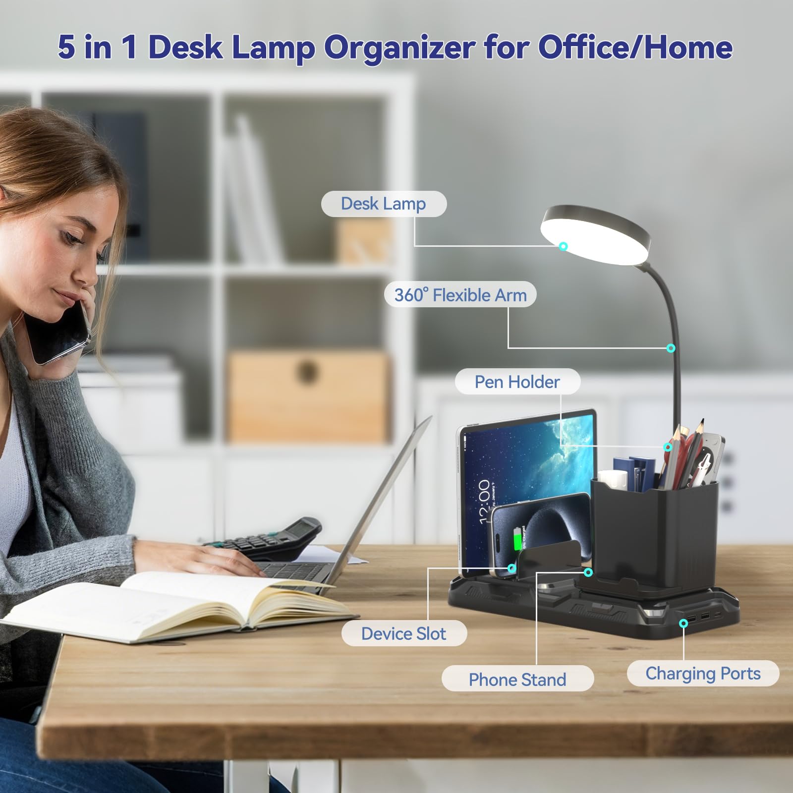 KDD desk lamp pen holder keeping desk organized while working.
