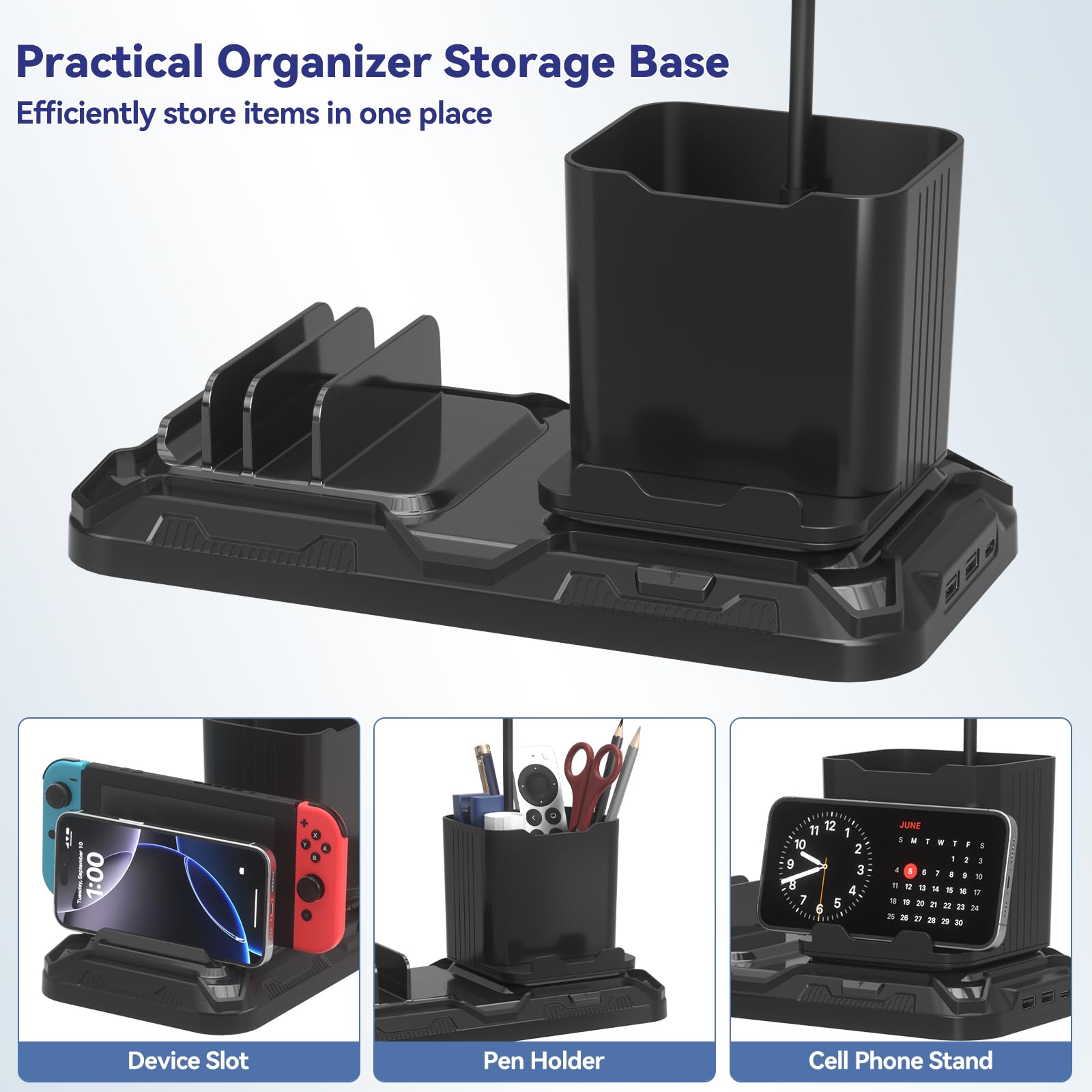 KDD desk lamp tablet slot for easy storage of devices.