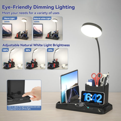 KDD desk lamp showing USB-A and USB-C ports for convenient charging.