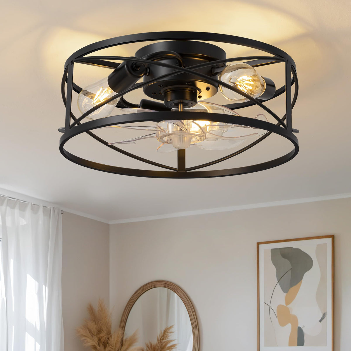KDG 15.8-inch retro low-profile fan with light in living room setup.