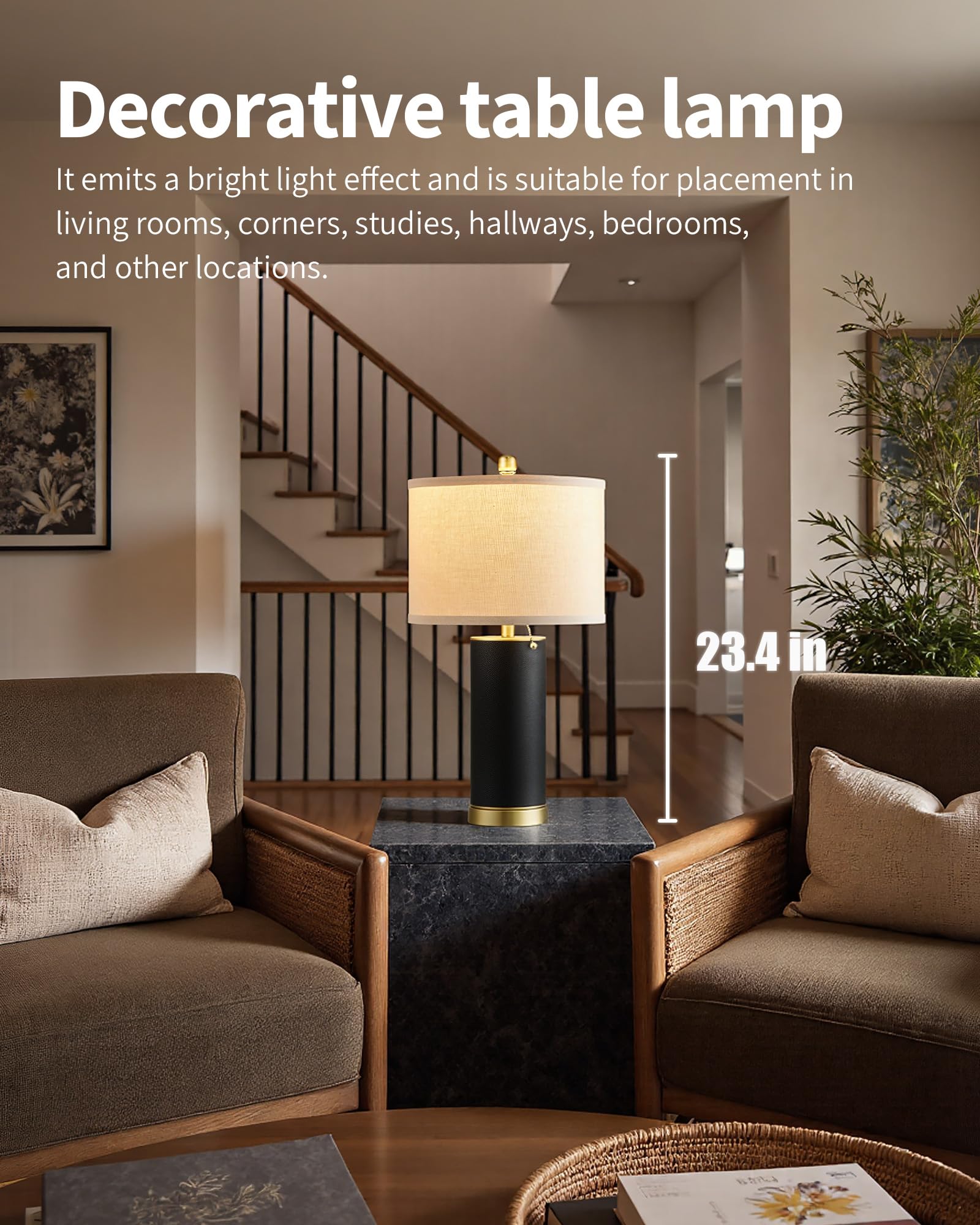KDG beige fabric shade softens light for a cozy living room ambiance.