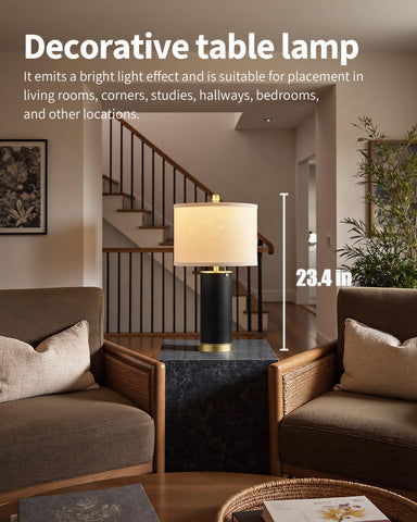 KDG beige fabric shade softens light for a cozy living room ambiance.