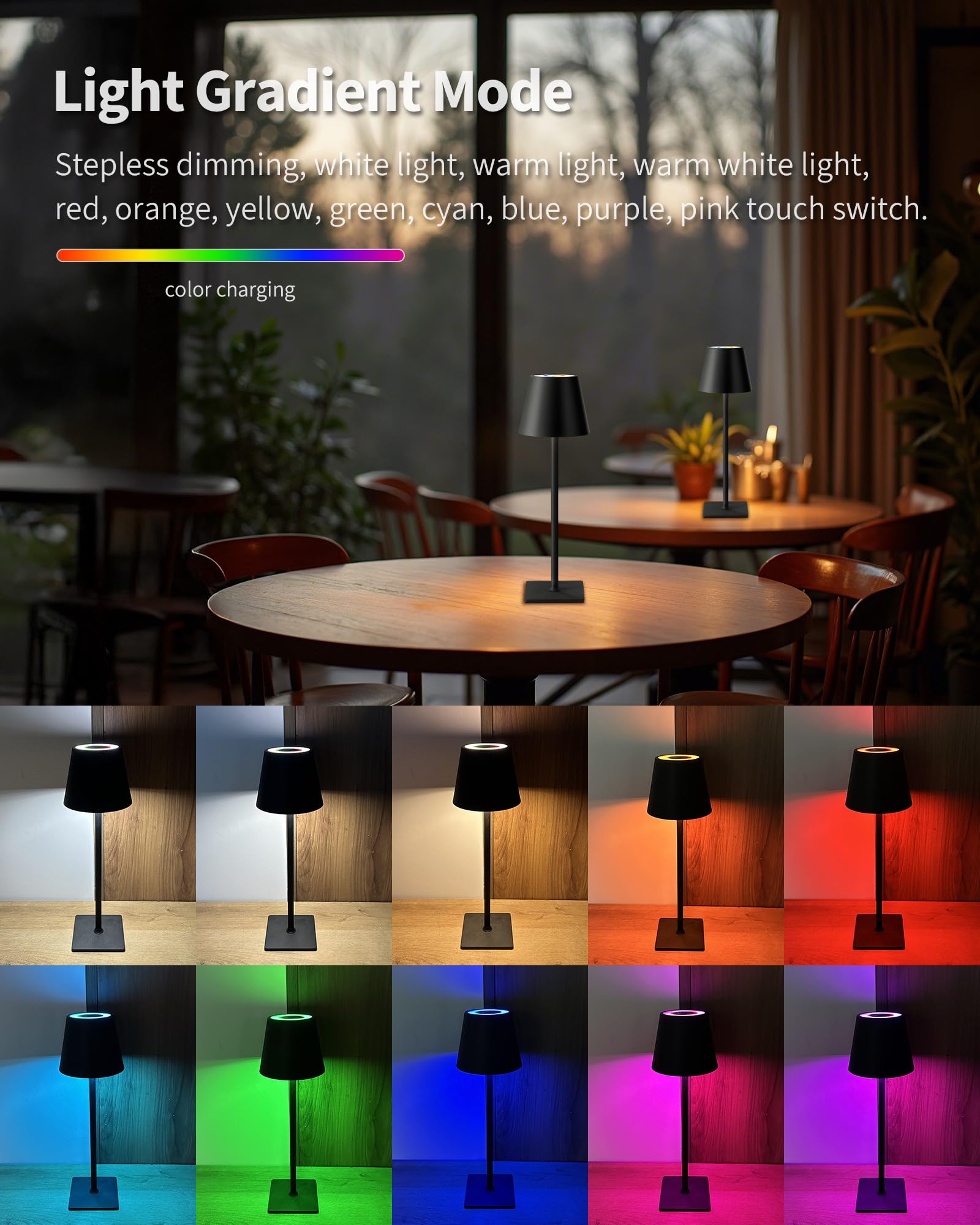 KDG cordless table lamp rgb dimming control demonstrates color and brightness adjustments