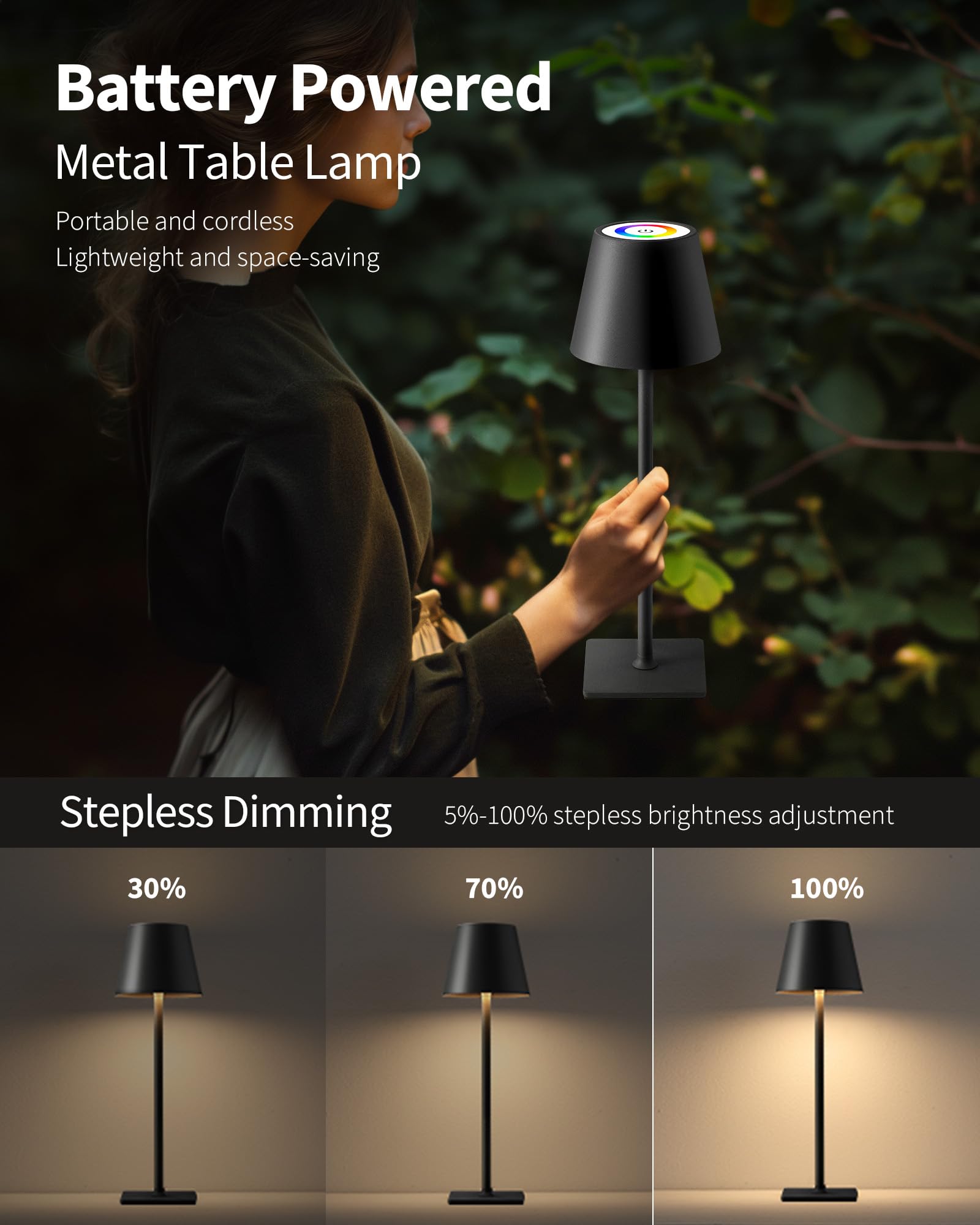 KDG cordless table lamp with USB-C charging for convenient power on the go