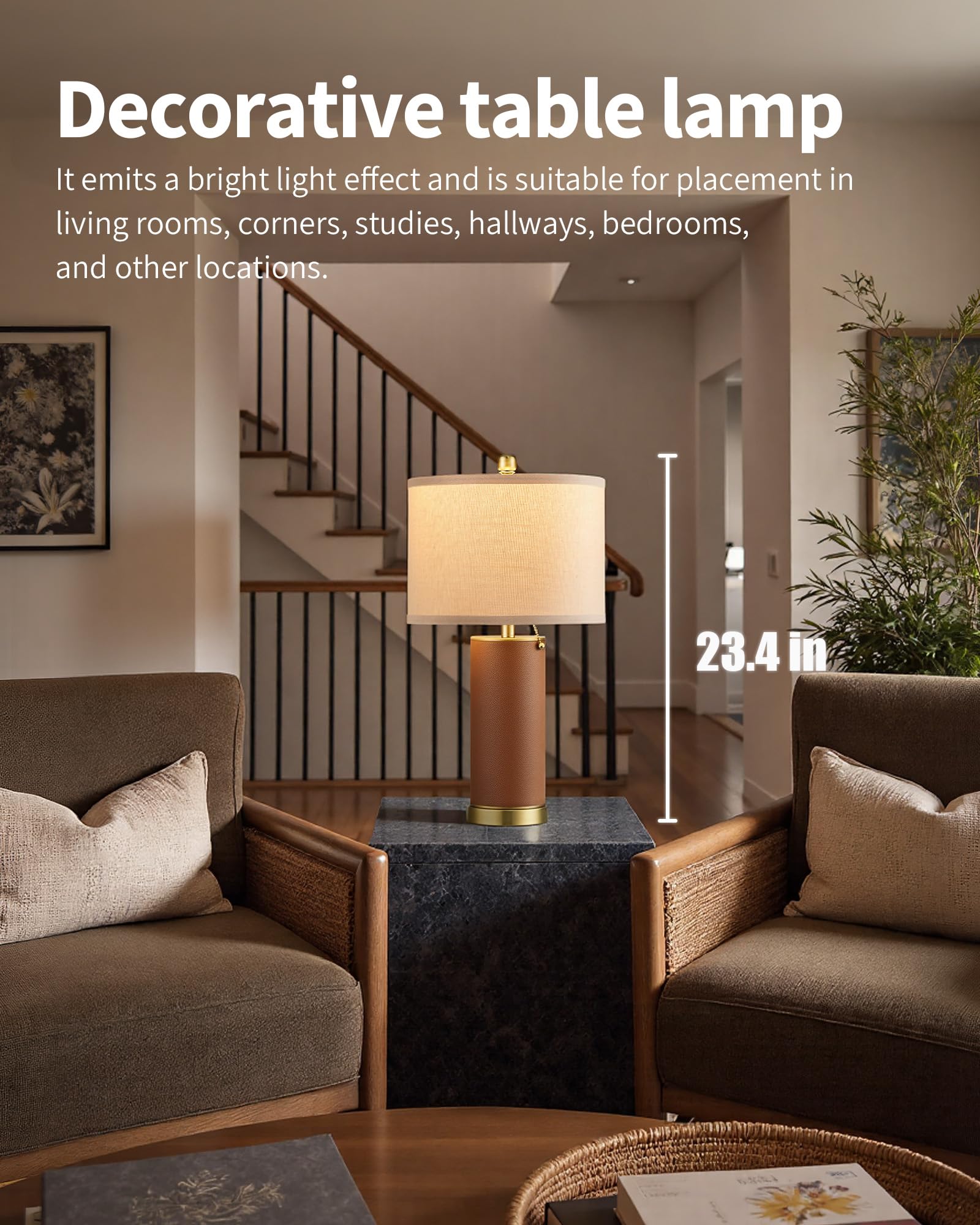 Close-up of KDG brown PU leather table lamp with beige lampshade