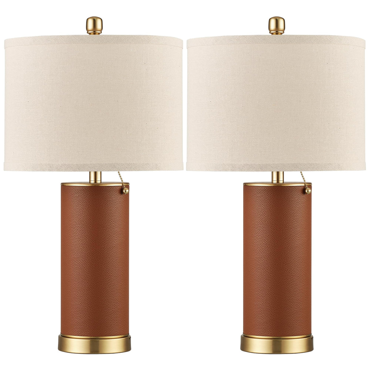 KDG brown PU leather table lamp pair with beige fabric shade for living room ambiance