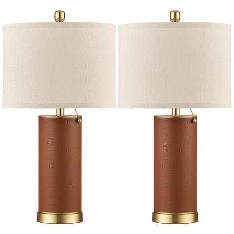 KDG brown PU leather table lamp pair with beige fabric shade for living room ambiance