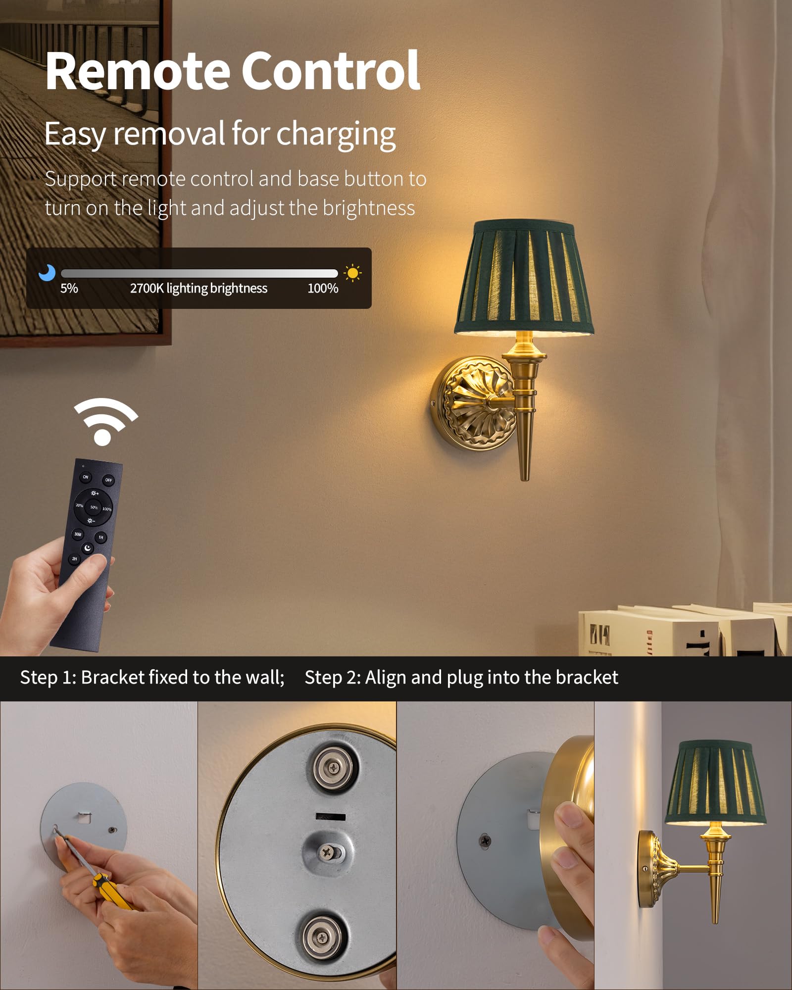 KDG cordless wall sconce dimmed light in a cozy setting