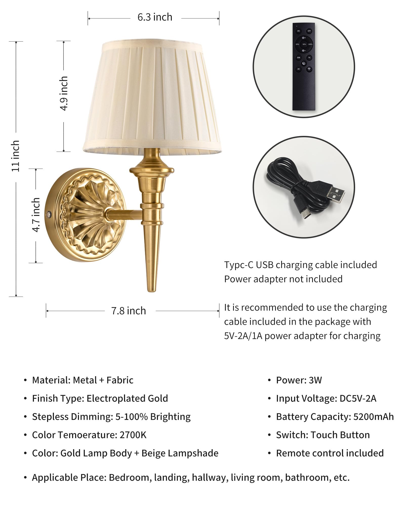 KDG gold cordless wall sconce battery and USB-C charging port close-up.