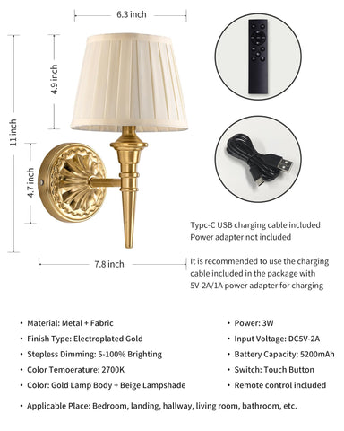 KDG gold cordless wall sconce battery and USB-C charging port close-up.