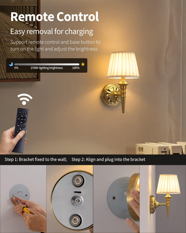 KDG gold cordless wall sconce dimming control demonstrated with stepless brightness.