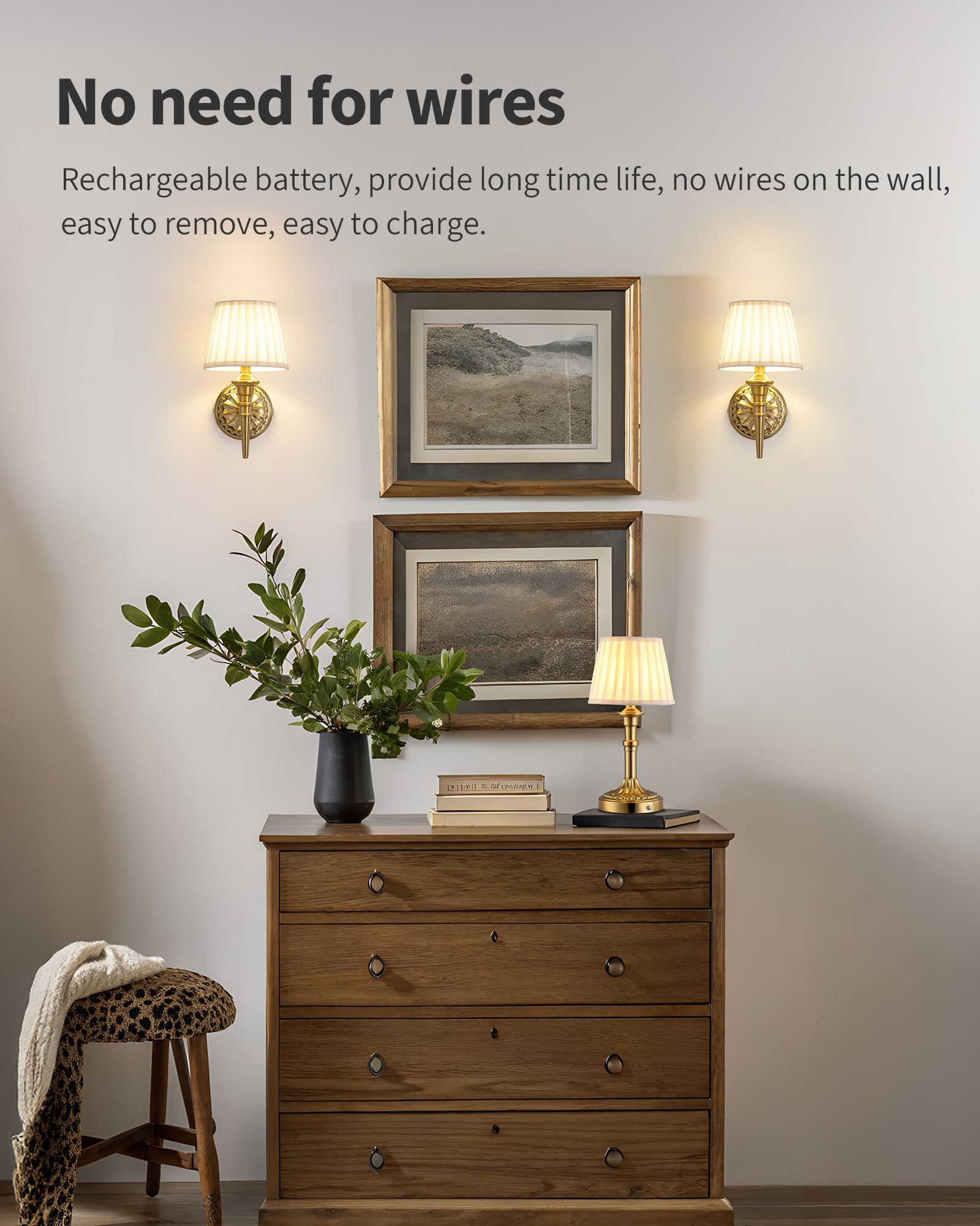 KDG gold cordless wall sconce mounted on wall with magnetic base for charging.