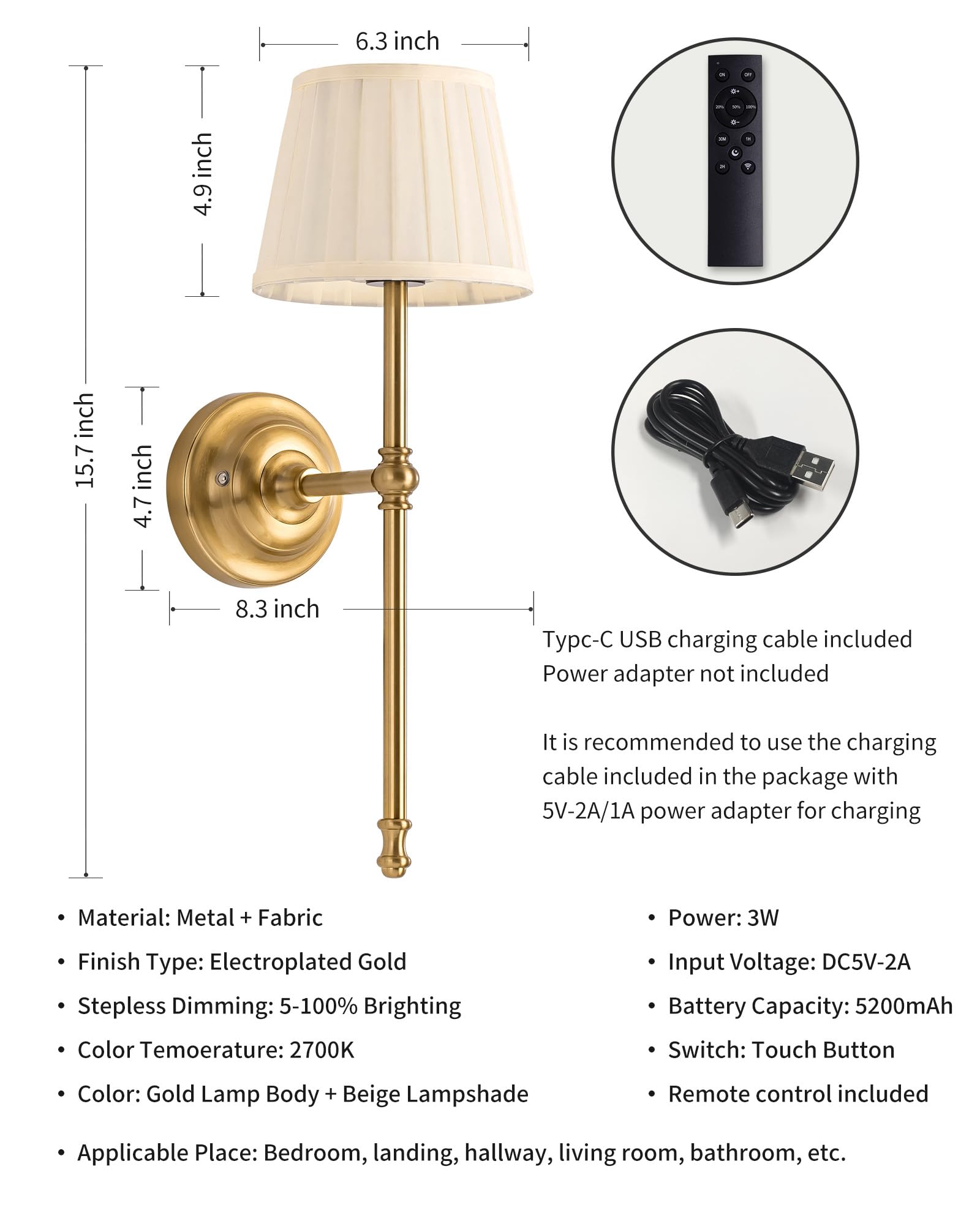 Type-C charging port on KDG sconce for easy recharging