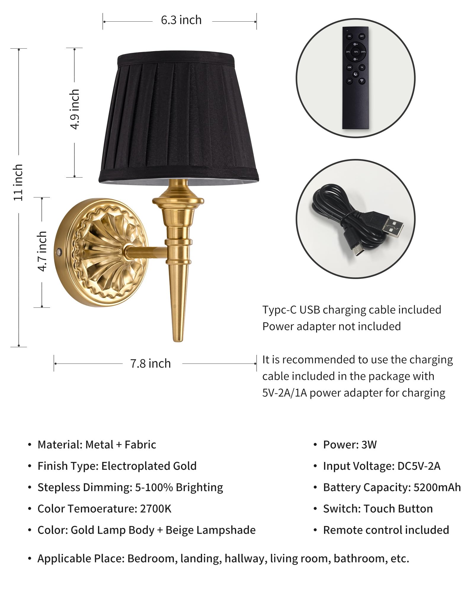 KDG cordless wall sconce fully lit at maximum brightness for living room ambiance
