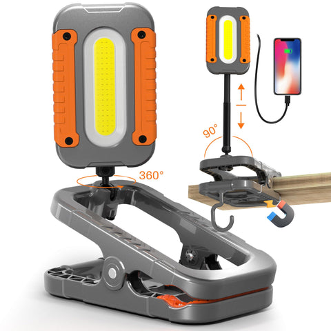 Keadeso clamp work light front view showing compact design for tight spaces