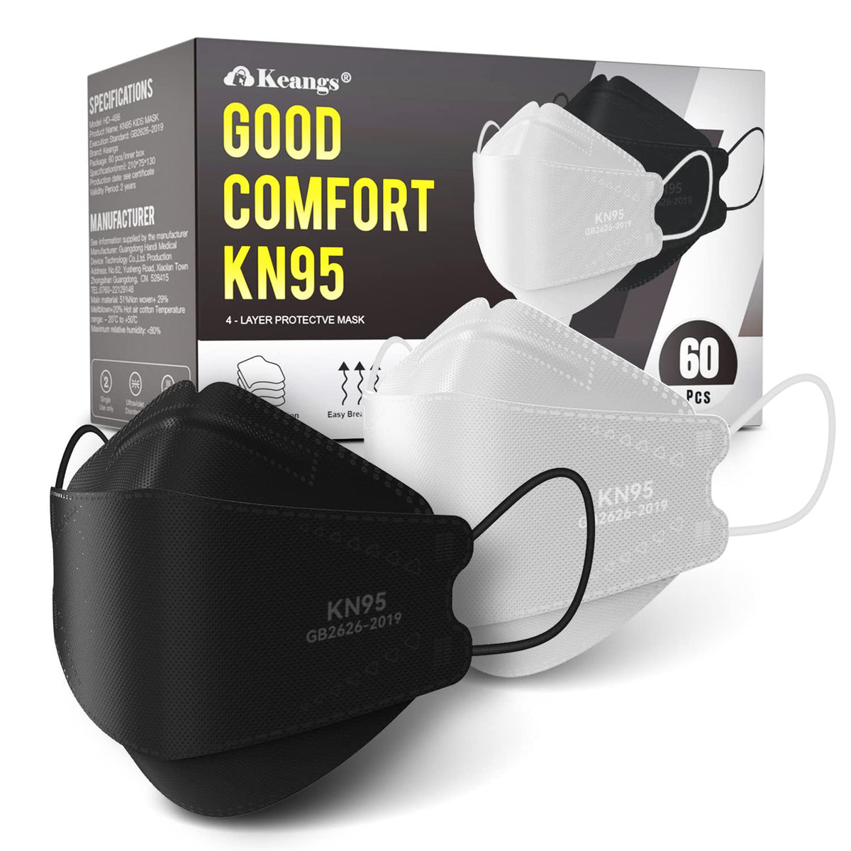 Keangs KN95 black 60-pack mask laid out for daily wear and coverage