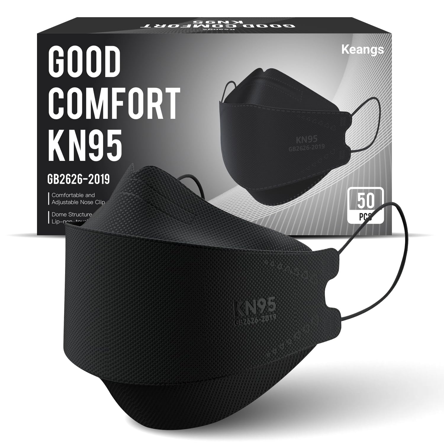 Keangs KN95 mask 3D fit for snug facial coverage during extended wear.