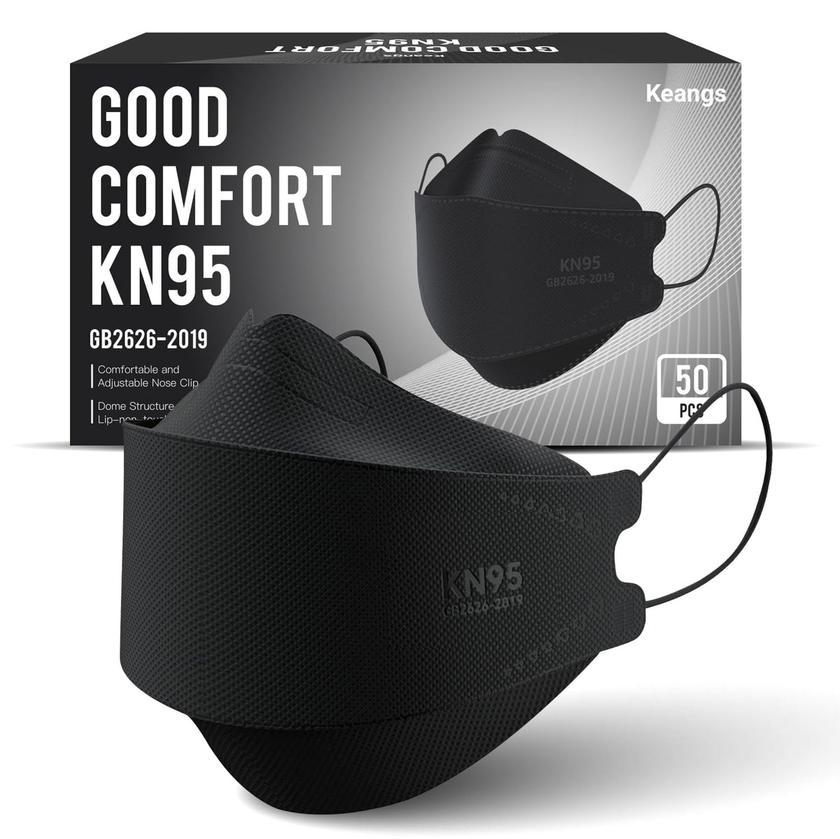 Keangs KN95 mask 3D fit for snug facial coverage during extended wear.