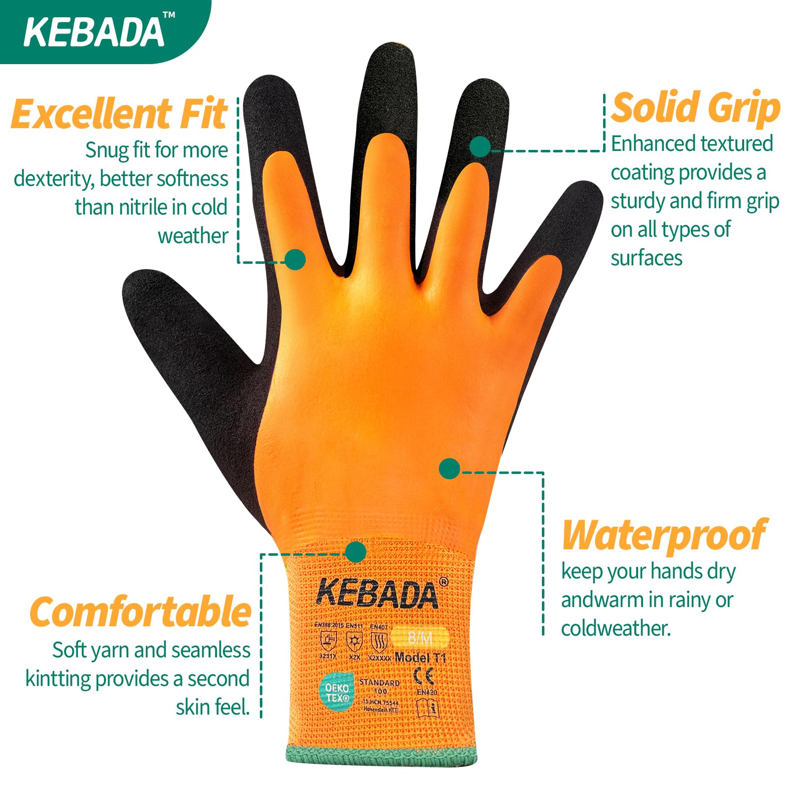 Kebada T1 inner thermal fleece lining keeps hands warm during long shifts.