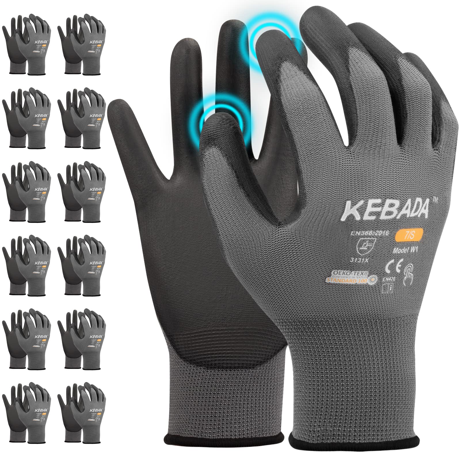 Kebada W1 work gloves with PU grip for secure material handling.