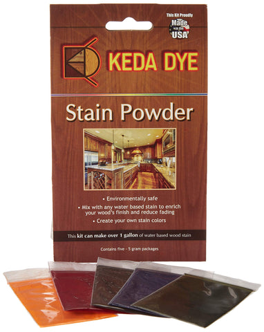 Keda Dye wood dye kit box showing five color powders for rich, customizable stains.
