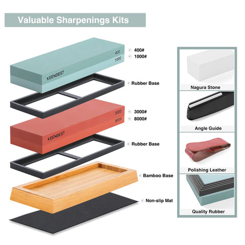 KEENBEST bamboo base with non-slip feet stabilizes sharpening sessions.