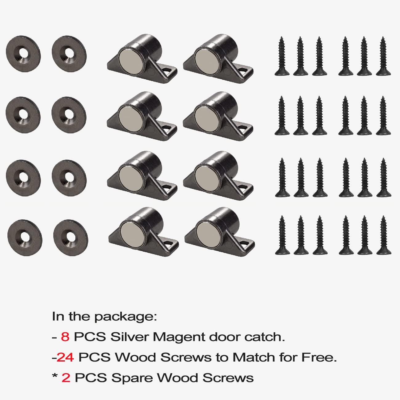 Keenkee cabinet closure hardware kit includes 8 catches, plates and screws for easy install.