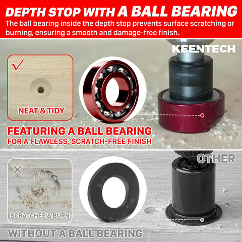 KEENTECH depth-stop with ball bearing ensures uniform depth and scratch-free finish