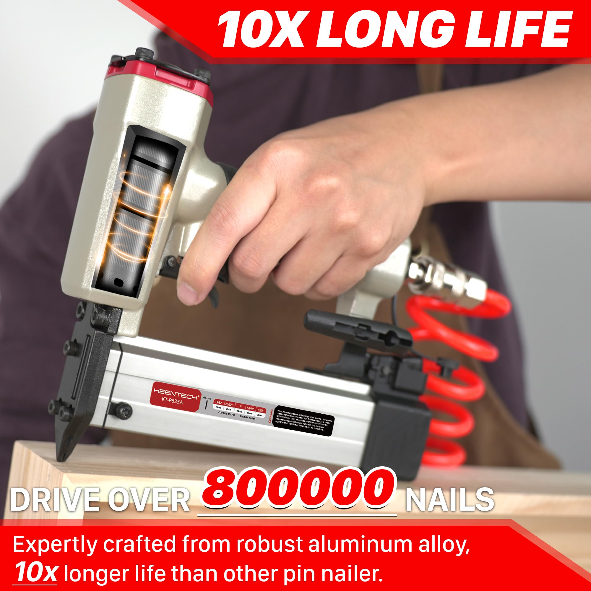 KEENTECH pin nailer with ergonomic rubber grip ensures comfortable use