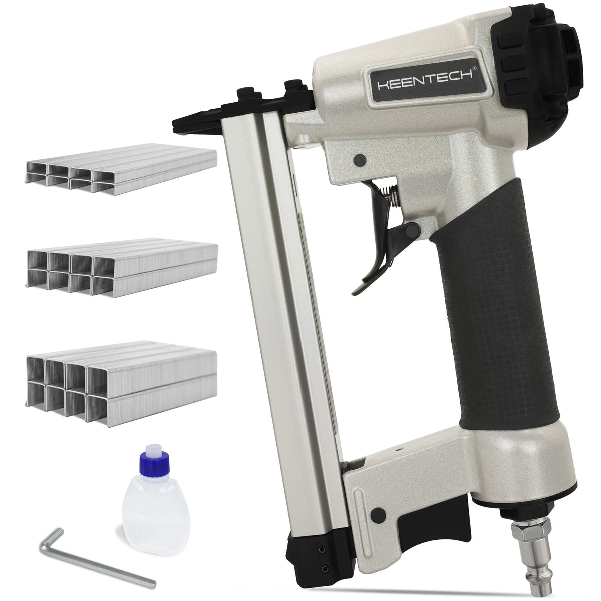 KEENTECH pneumatic staple gun profile view showing compact handling.