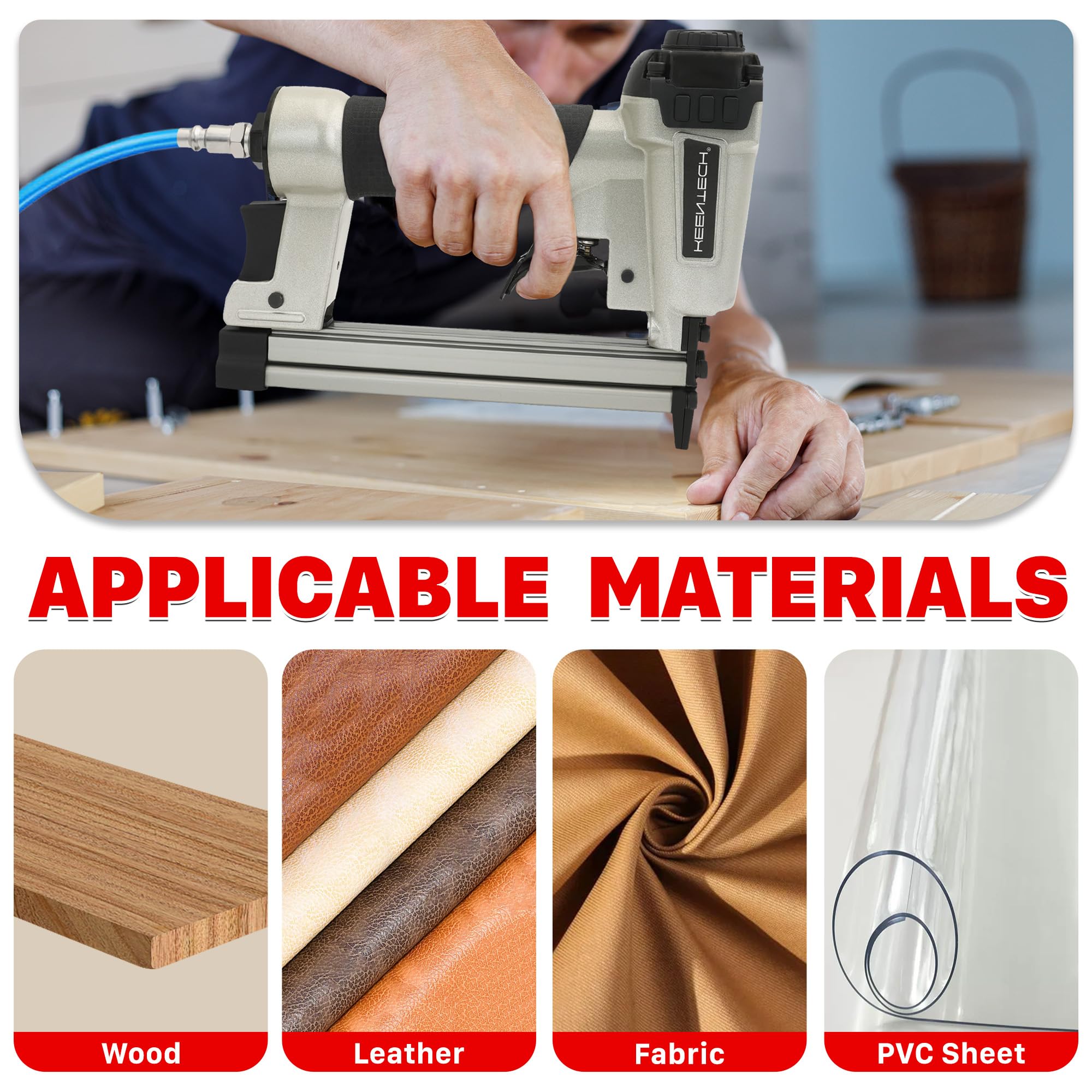 KEENTECH versatile application for fabric, leather, padding, and trim work.