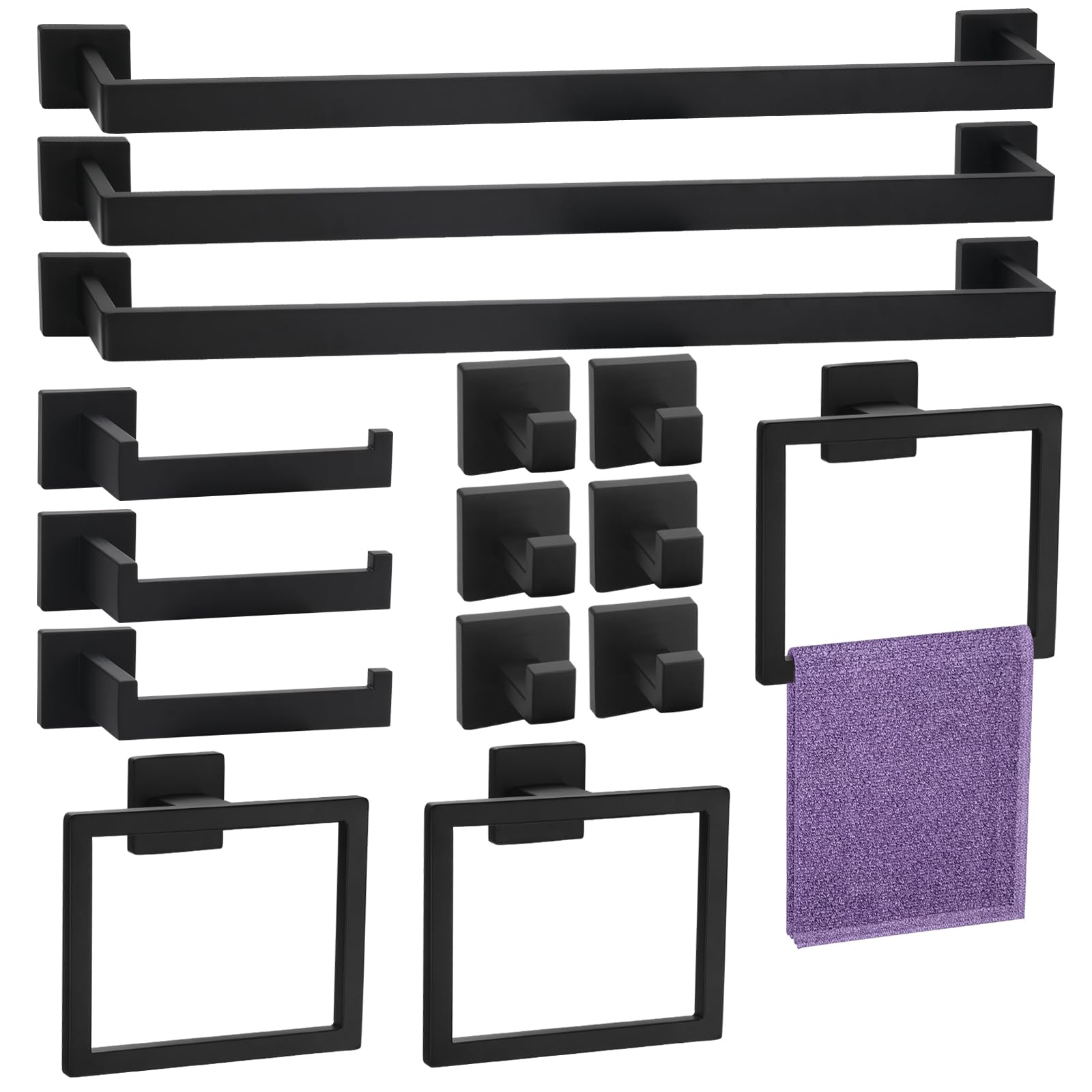 Keepxaus matte black bathroom hardware set, 15 pieces, durable stainless steel.