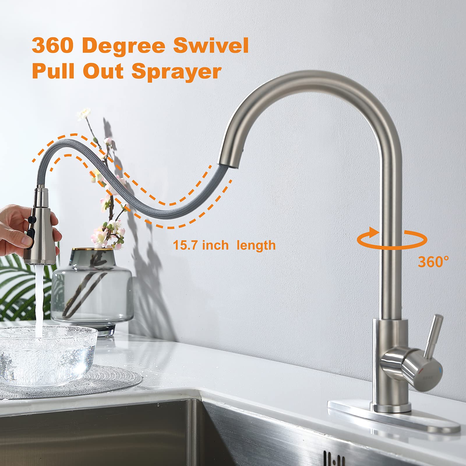 Keer faucet includes deck plate for 1-3 hole sink configurations.