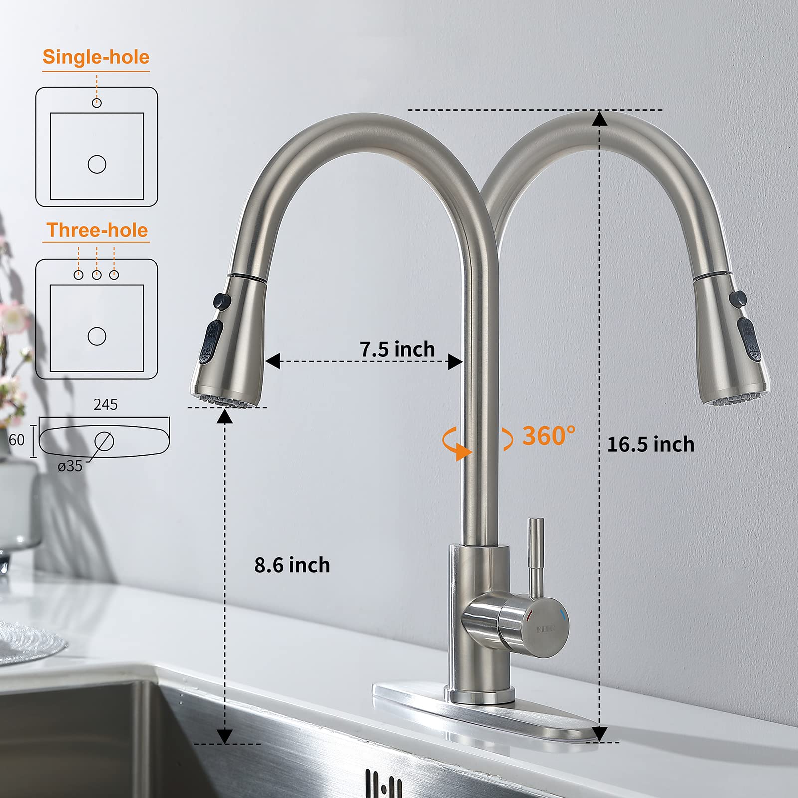 Keer nickel finish faucet resists fingerprints and water spots for easy upkeep.