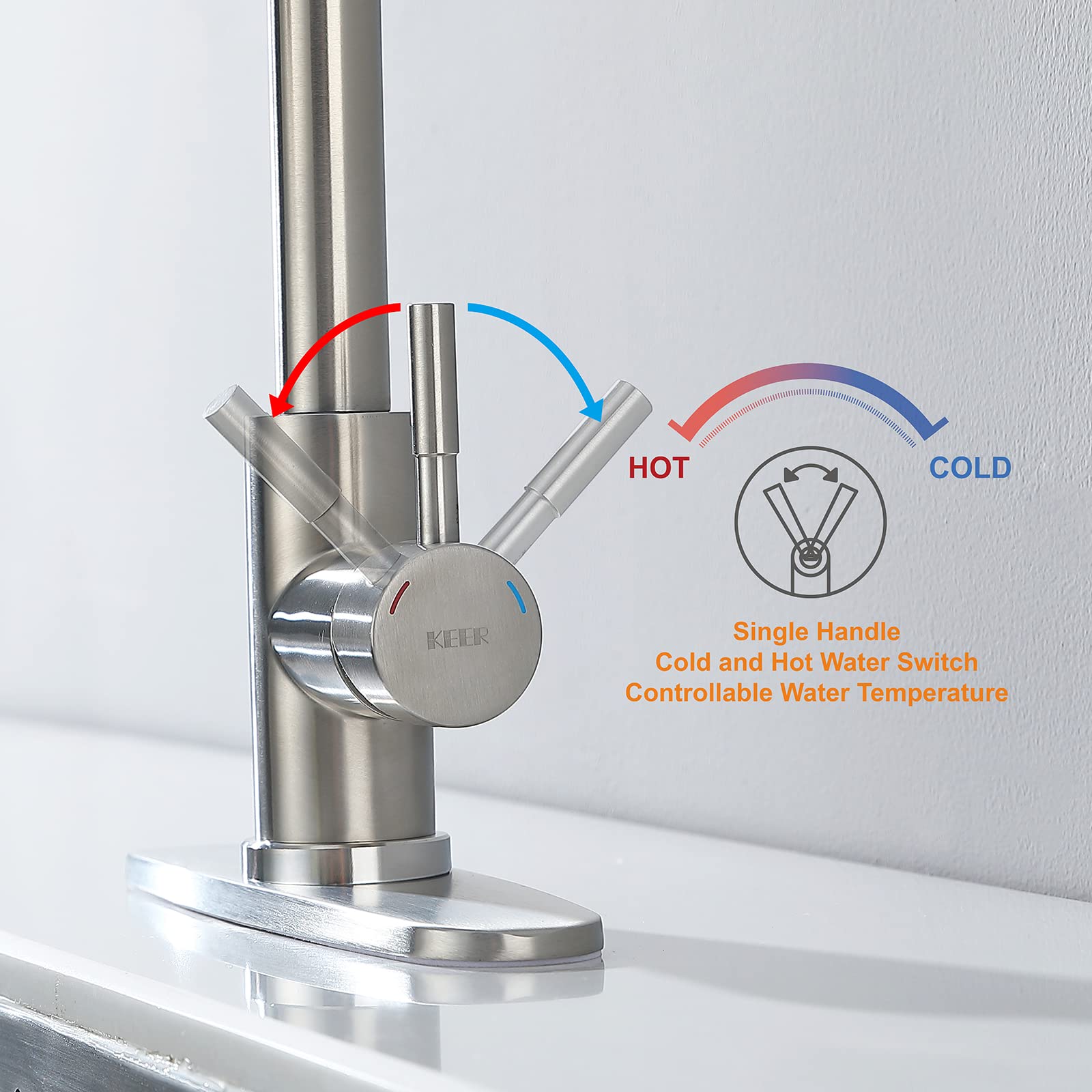 Keer brush nickel faucet with 3-mode sprayer for versatile kitchen tasks.