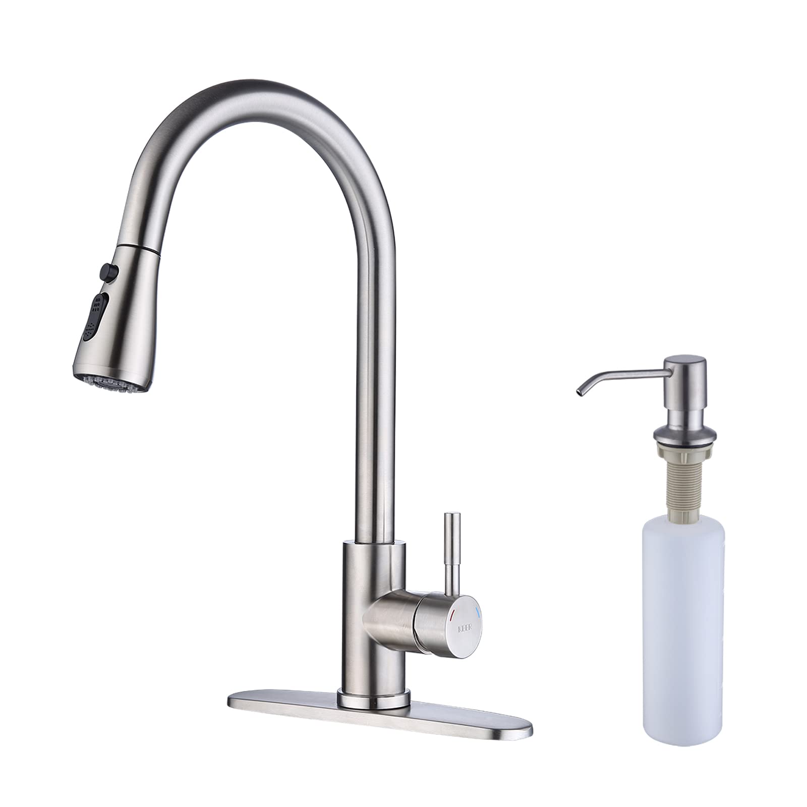 Keer brush nickel pull-down faucet with soap dispenser, sleek high-arc spout for easy reach.