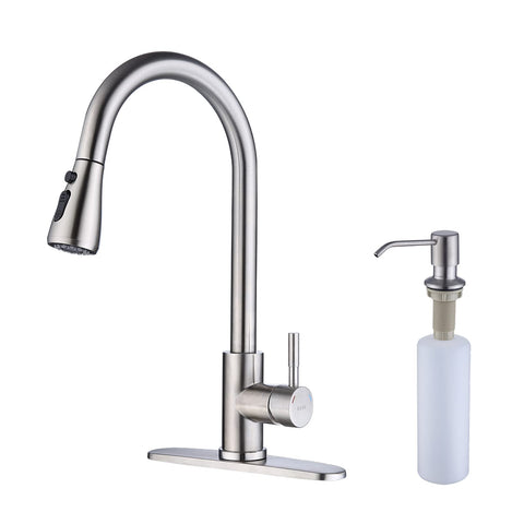 Keer brush nickel pull-down faucet with soap dispenser, sleek high-arc spout for easy reach.