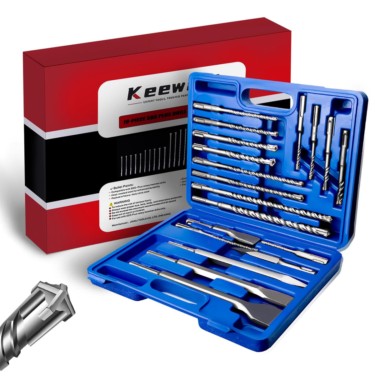Keewaki 19-piece SDS drill bits for concrete with cross carbide tips for clean holes