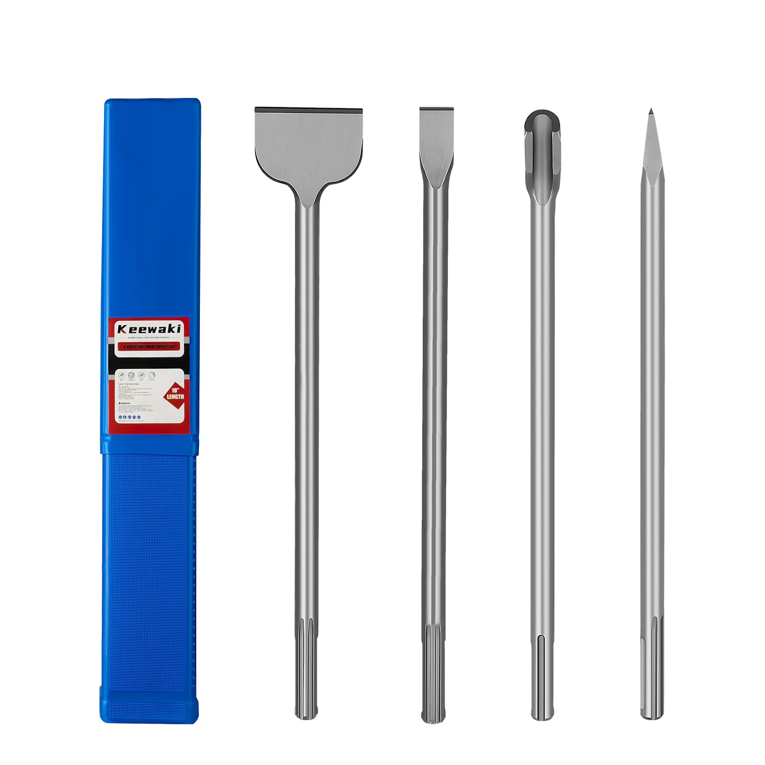 Keewaki SDS Max point chisel, 18-inch, ideal for precise tile removal and concrete demolition.