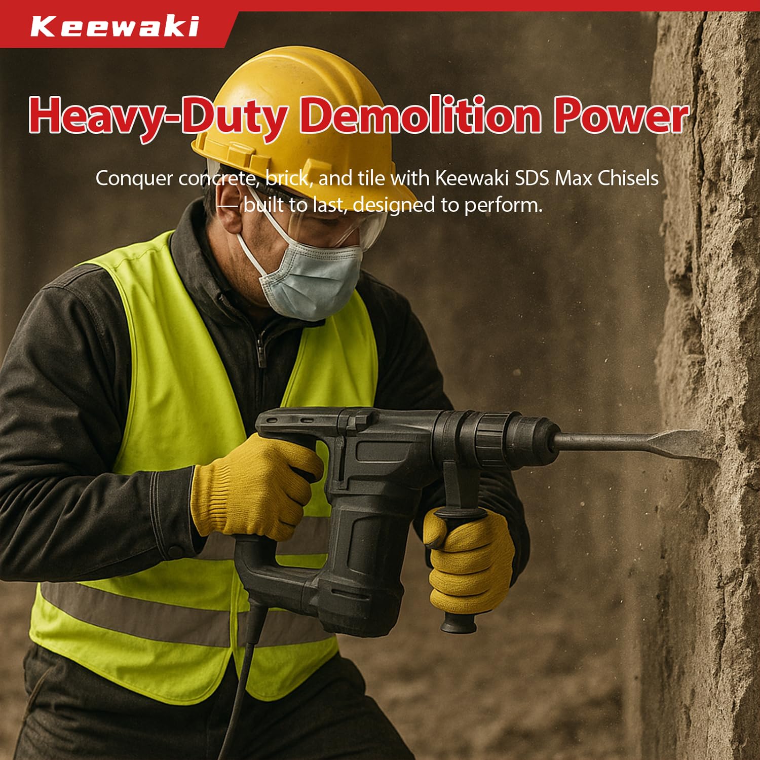Keewaki SDS Max chisels in action on a concrete wall.