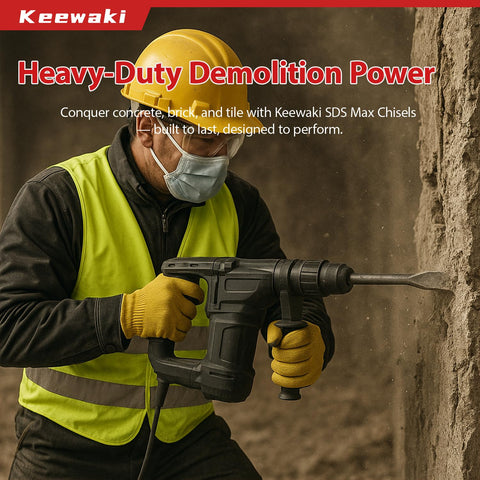 Keewaki SDS Max chisels in action on a concrete wall.